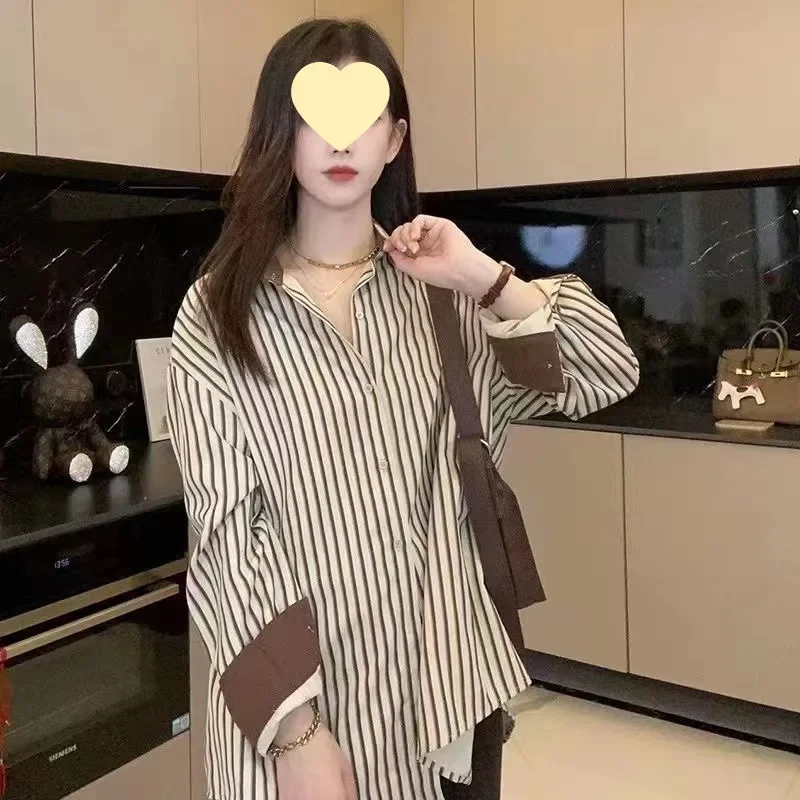 2024 Early Spring Korean Style Pure Cotton Striped Shirt Women's Long Sleeve Design Sensibility Niche Vintage Hong Kong Flavor W