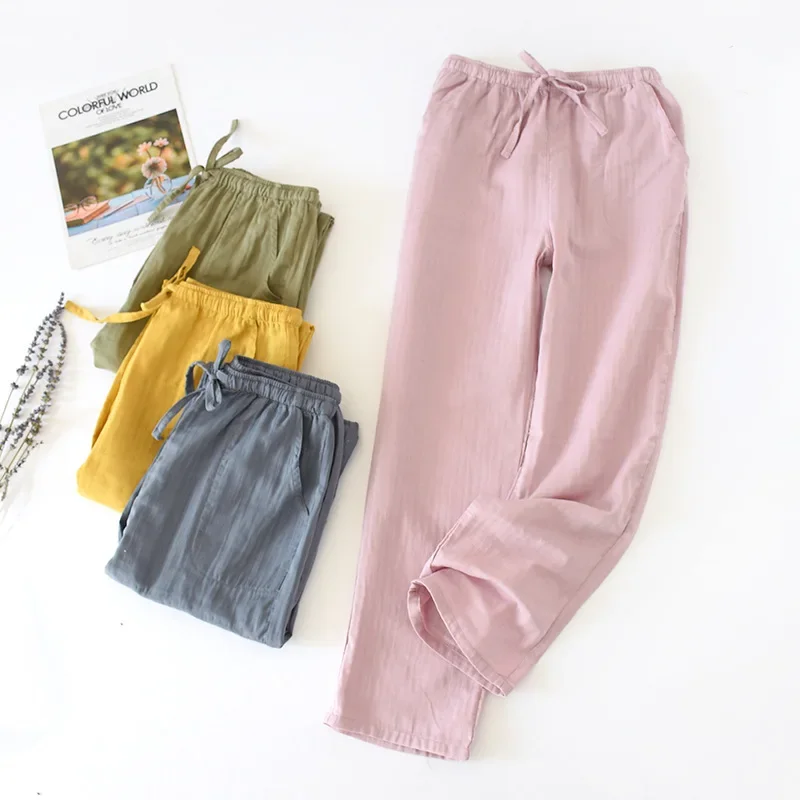 Japanese spring and autumn couple trousers, pure cotton men\'s home pants solid color large size loose pants, ladies pajama pants