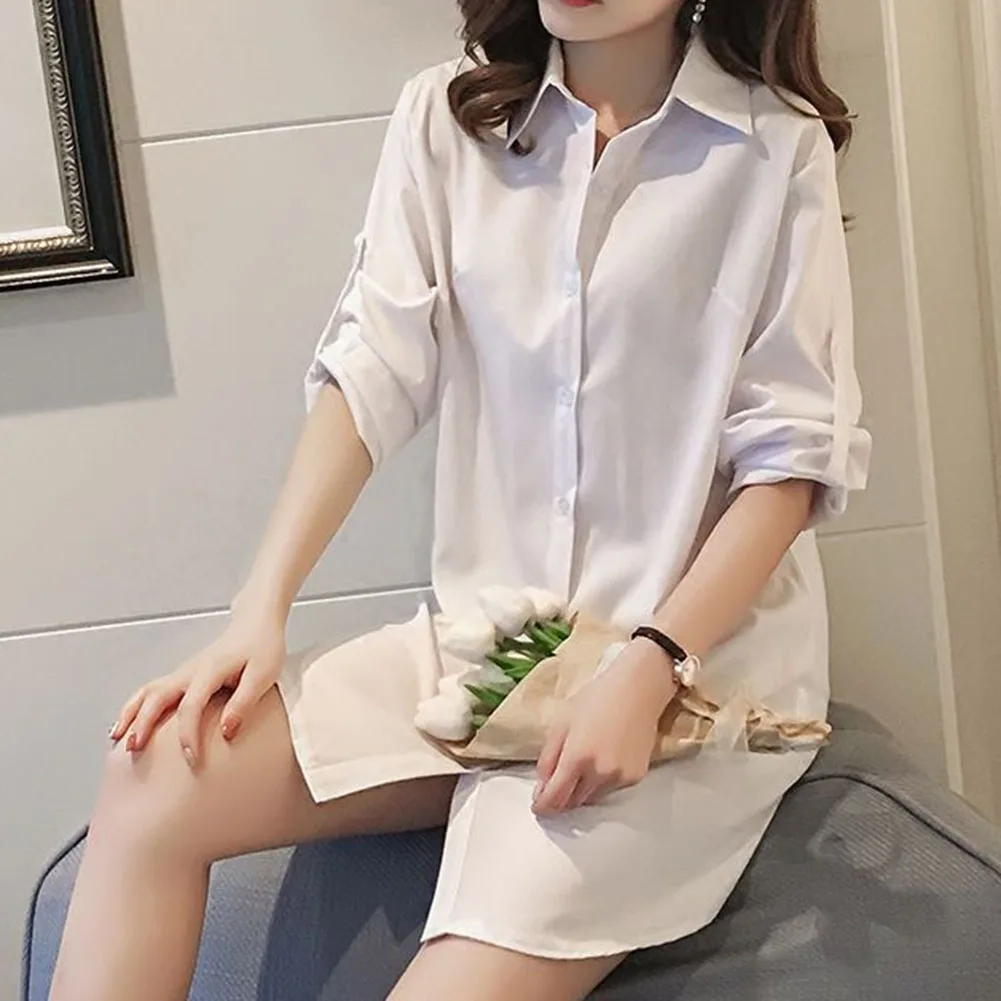 

Brand New Shirts Shirts Female Long Sleeve Loose Long Shirt Loungewear Non Strech Oversize Dress Regular V Neckline