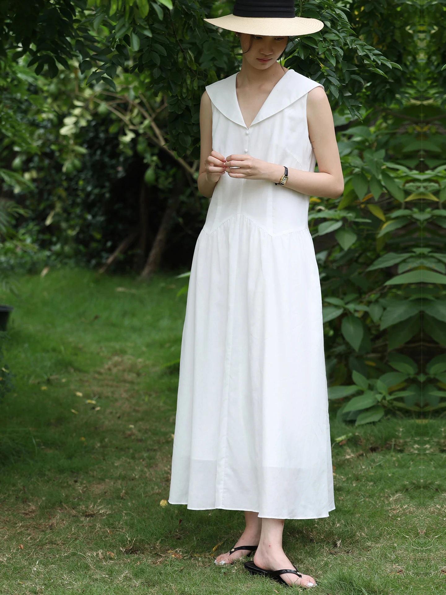 MUNNS2026SS Navy Collar Design Anti-Aging Summer Dress Women's Beach Vacation White Long Dress French Style Soft Modal Fabric