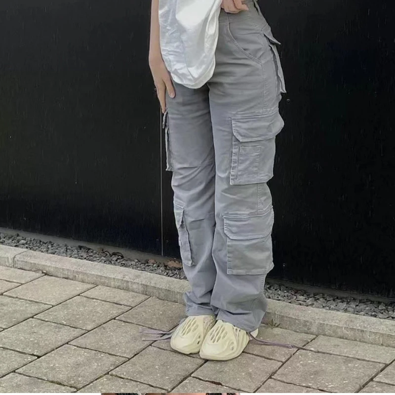 Vintage 90s Cargo Pants Baggy Jeans Women Multiple Pockets Mom Hip Hop Street Wide Leg High Waist Straight Y2k Denim Trousers