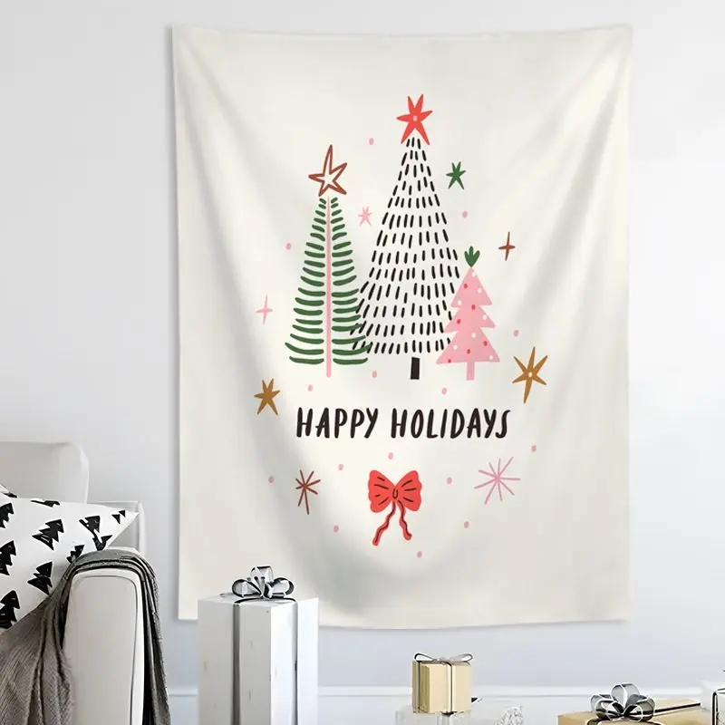 VIKAMA Wall Tapestry Happy Holidays Three Trees Pink Black Green Cute Print Wall Hanging Home Decor Living Room Bedroom Soft