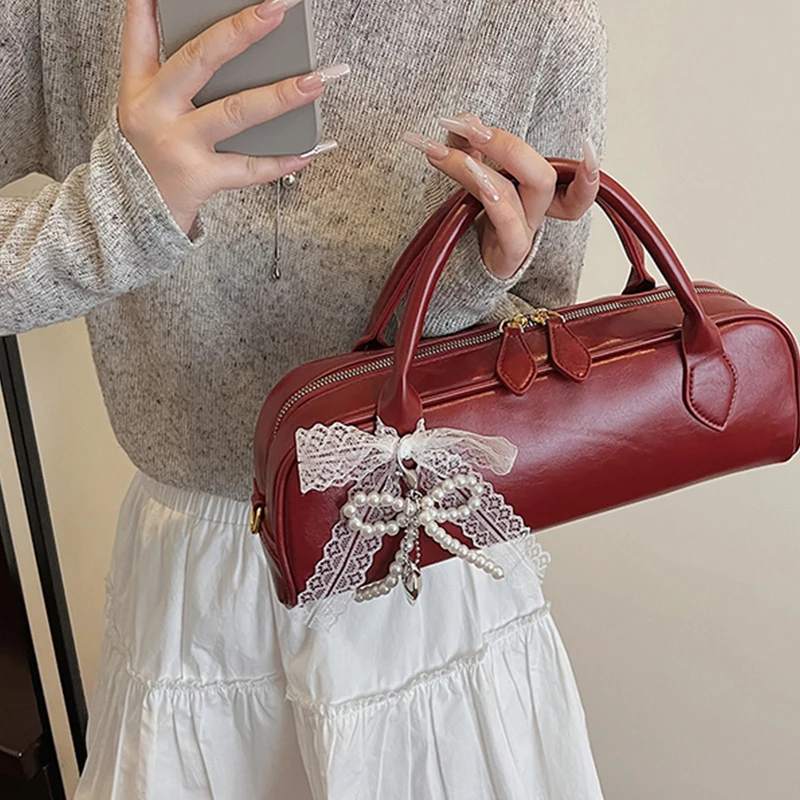 

Кружевная сумка с бантом, летняя новая корейская модная жемчужная милая сумка из искусственной кожи на одно плечо, кожаная высококачественная прямоугольная сумка через плечо на шнуровке