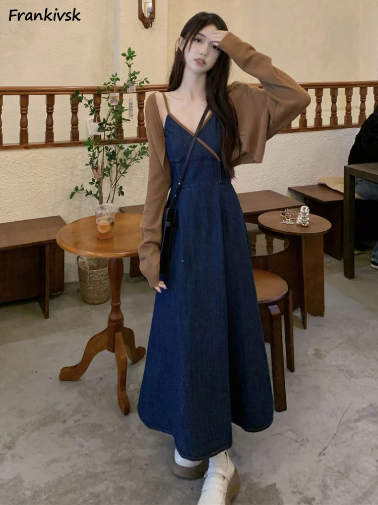 

Denim Dress Sets Women Slim Korean Style Aesthetic Leisure High Street College Spring Autumn Fashion Normcore Prevalent Chic