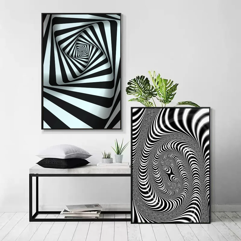 Optical Illusion Psychedelic Abstract No Frame Canvas Painting Black White Swirl Geometric Hypnotic Pattern Wall Art Set