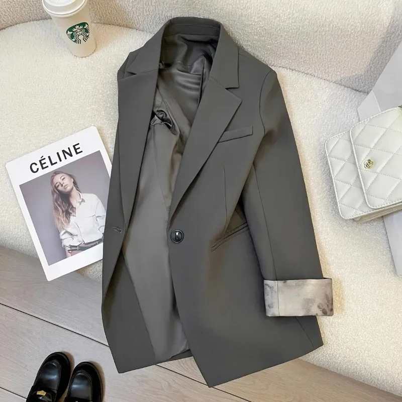 회색 레트로 블레이저 여성용 긴 소매 단추 솔리드 컬러 라펠 가디건 출퇴근용 상의