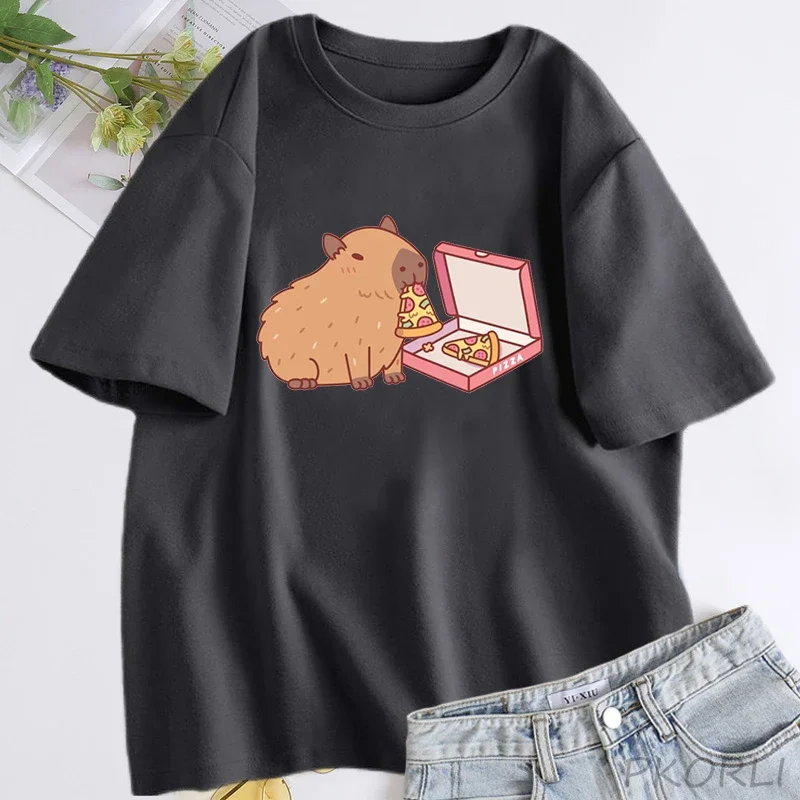 

Funny Capybara Eating Pizza T Shirt Graphic Print Cute T-shirt Womens T-shirt Cotton High Quality T-shirts Clothes Streetwear