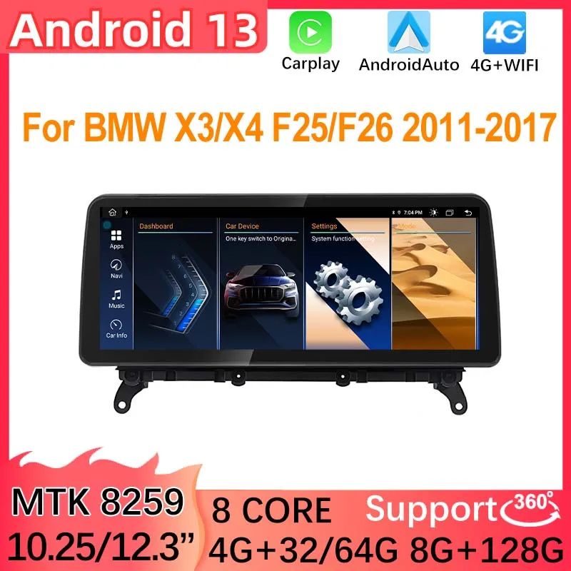 

10.25" 12.5" Android 13 GPS Navigation For BBMW X3 F25 X4 F26 Central Multimedia Carplay Video Player Bluetooth 4G MTK8259