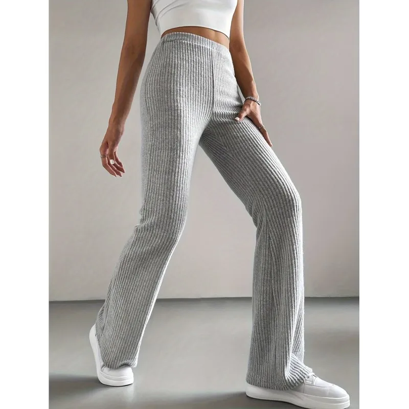 

2025 Simple New Rib Knitted Trousers Women's Autumn Solid Color Casual Flared Pants Fashionable All-Match Slim Fit Long Pants