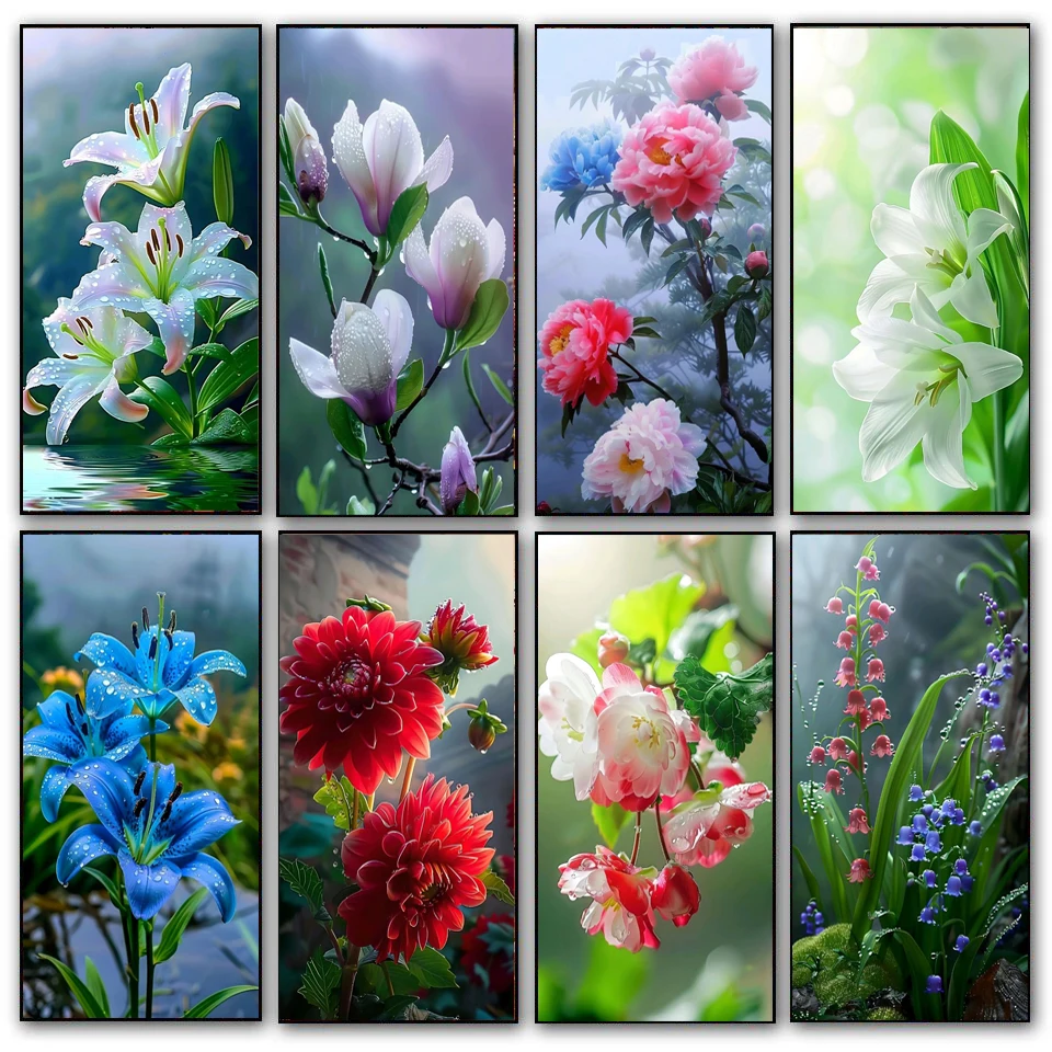 Diy Large Size Diamond Art Colored Flower Painting Stitch Kits Full Mosaic Embroidery Rhinestone Lily  Peony Picture Wall Decor