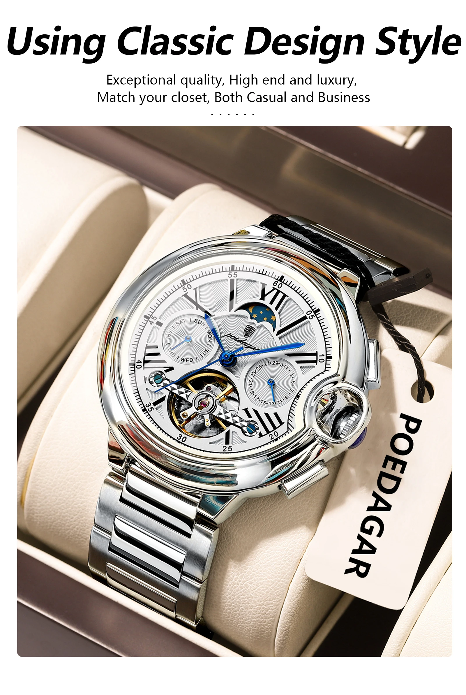 POEDAGAR Luxus Business Männliche Uhr Datum Woche Edelstahl Tourbillon Männer Uhr Wasserdichte Automatische Mechanische herren Uhren – Detail 3