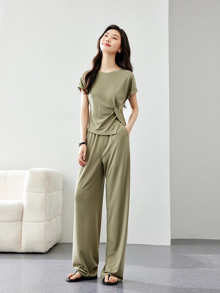 VIMLY Women Tracksuit Set Stylish Summer Tracksuit Set Solid Short Sleeve Slit Top+Elastic Waist Wide-Leg Pants Matching Sets