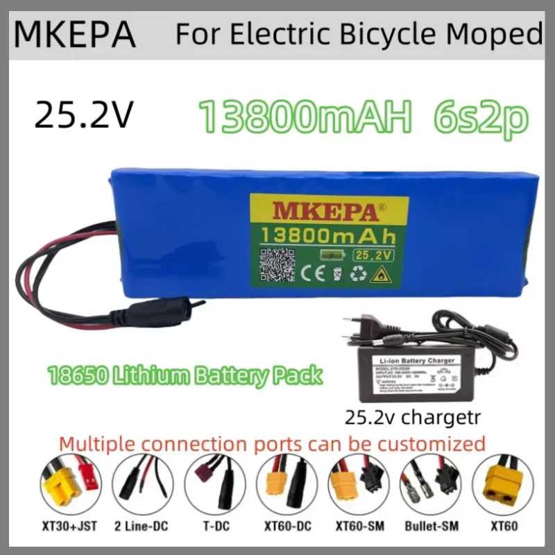 

24V 13800mAh 6S2P 18650 Lithium Battery Pack 25.2V 13800mAh With BMS For Electric Bicycle Moped + 2A Batteries Charger