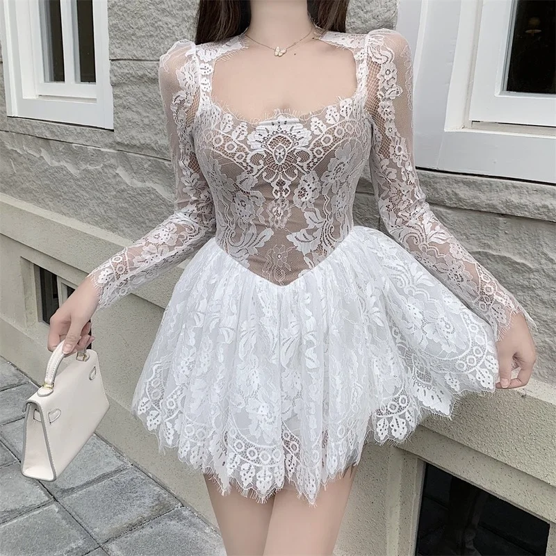 Ezgaga Square Collar Lace Mesh Patchwork Sexy Dresses Women High Waist Clubwear Long Sleeve Bodycon Ball Gown Dress Lady Fashion