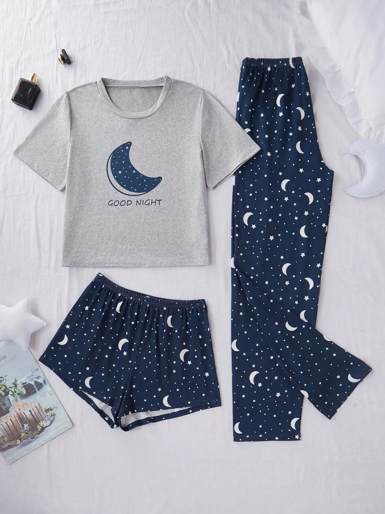 

3-Piece Knit Pajama Set with Moon & Star Print, Short Sleeve Top, Shorts and Long Pants