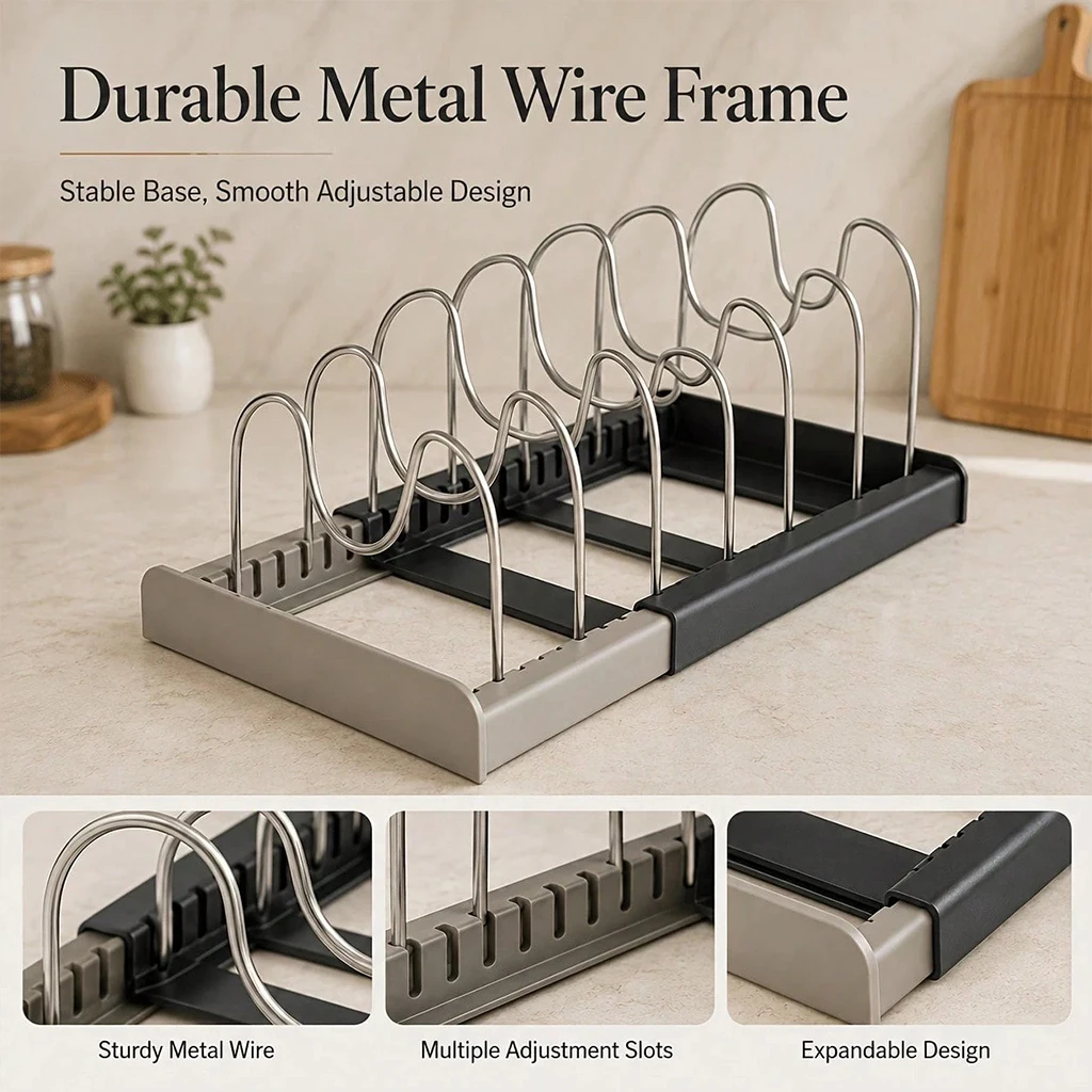 Adjustable Depth Pot Lid Organizer Rack Extendable Pan Holder for Cabinet Bakeware Cookware Storage Shelf Kitchen Organization