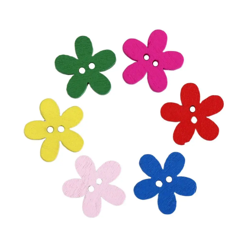 100pcs DIY Flower Shaped Flower Wooden Button 2 Holes Flat-back Clothing Button Cute Colorful Sewing Button Clothing Sewing