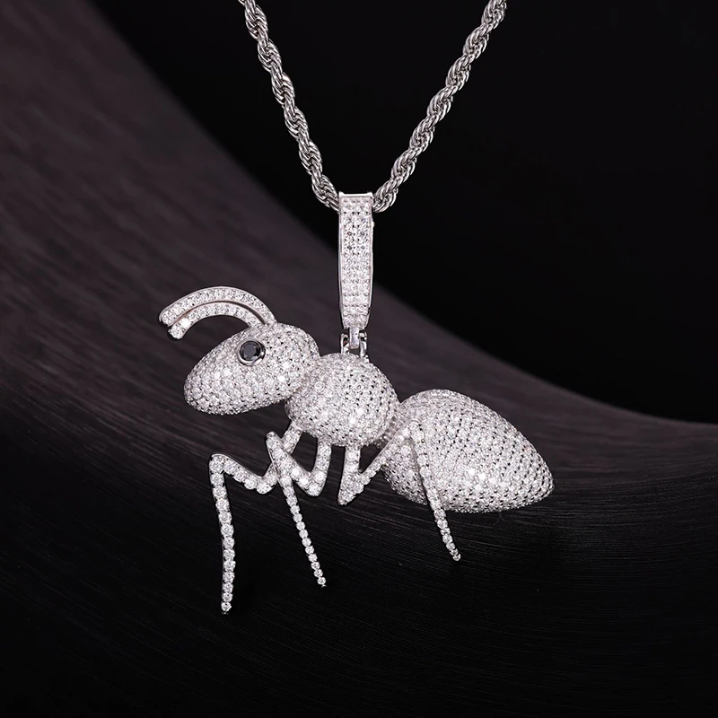 S925 Sterling Silver Moissanite Bling Ice Out Ant Pendants Necklaces for Men Rapper Jewelry White Gold Color Gift