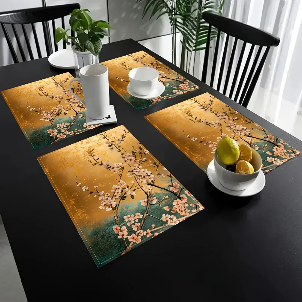 4pcs Gold Chinoiserie Floral Placemats/fashion Print Pattern Table Mat/for Dining Table, Kitchen