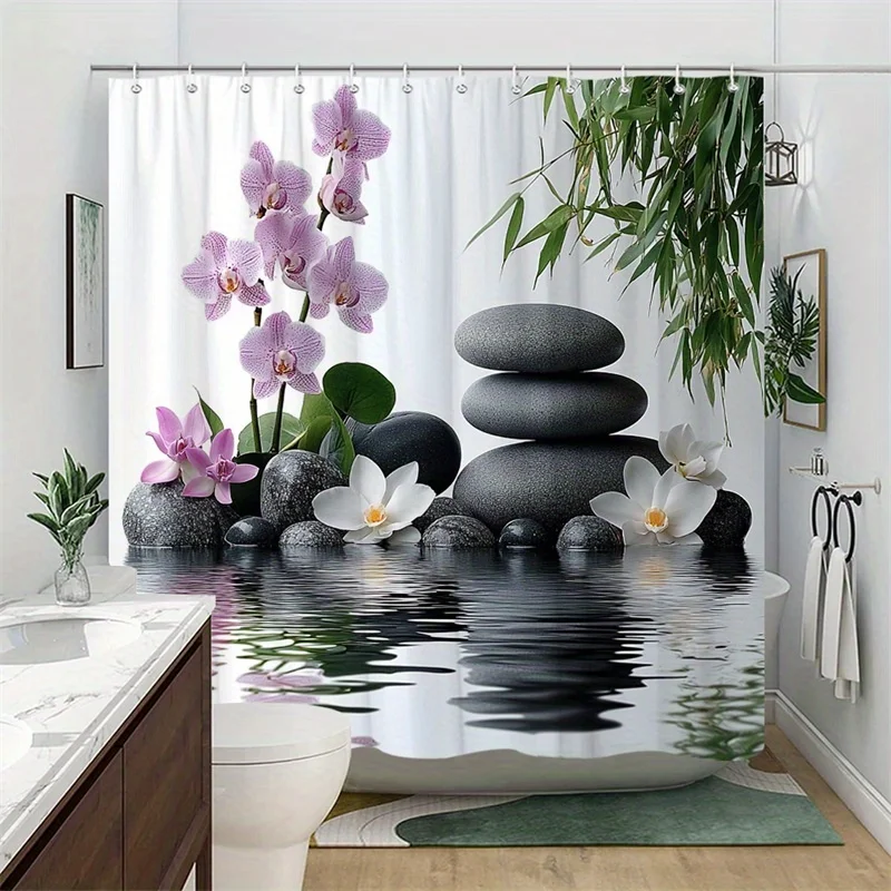 Zen Orchid Stone Bamboo Shower Curtain, White Background Spa Rock Reflection Bloom Print Waterproof Bath Curtain for Calming
