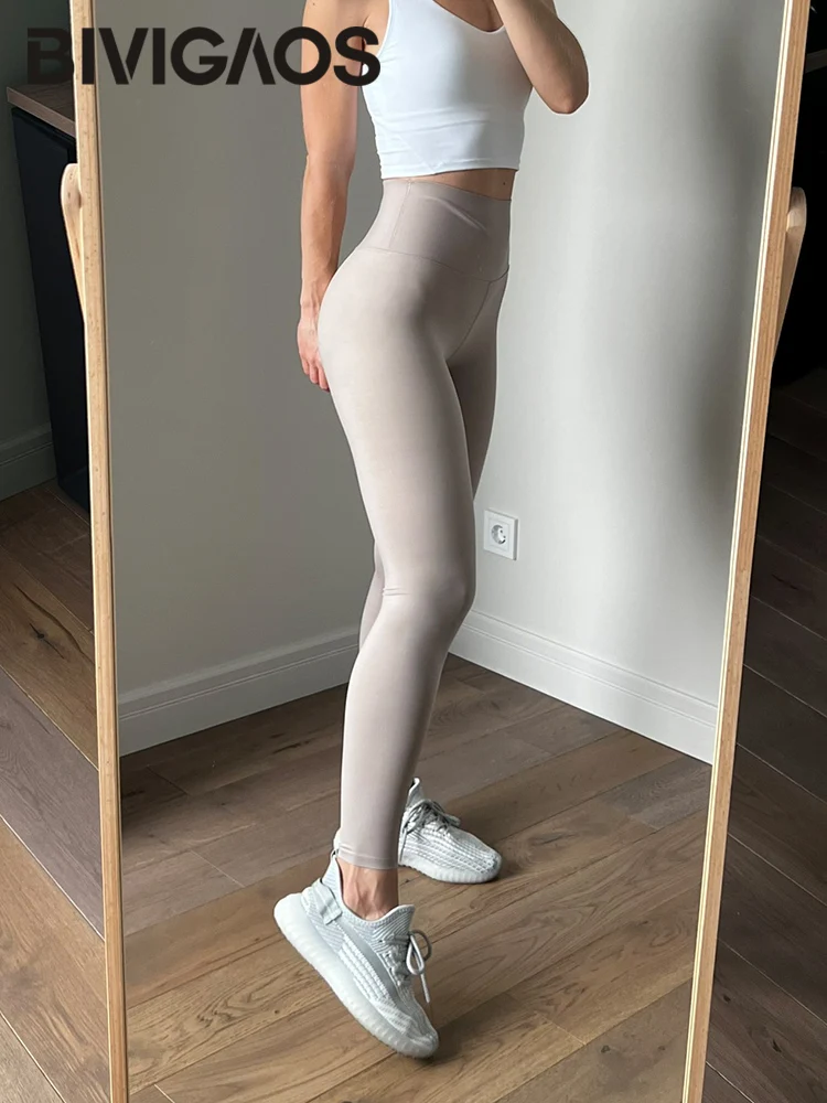 BIVIGAOS-mallas ajustadas de cintura alta para mujer, Leggings ajustados de color blanco y caqui, para Fitness, primavera, verano