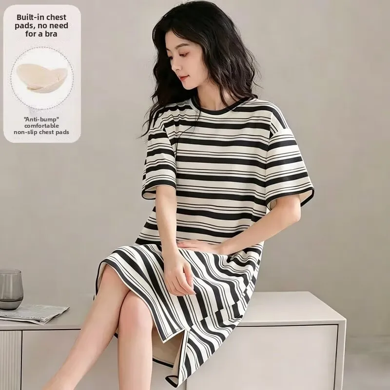 Summer Cotton Pajama Women's Short Sleeve Dress Casual Striped Sleepwear Home Clothes Thin Model Comfortable Breathable Dress