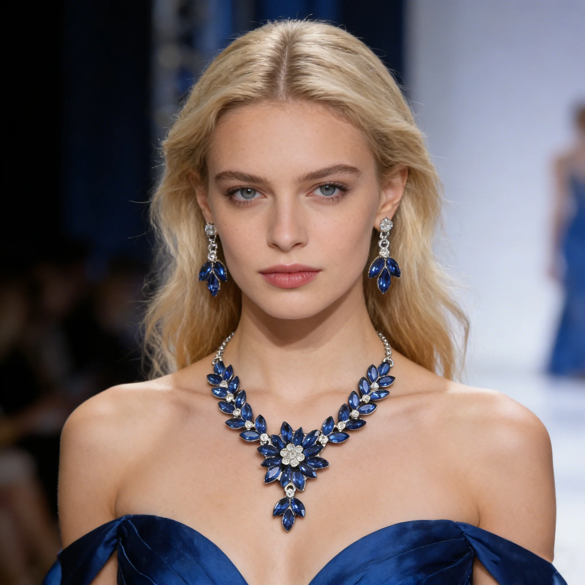 Luxury Blue/Red Sapphire Floral Jewelry Set Wedding Bridal Necklace & Drop Earrings Evening Gala Floral Crystal Jewelry Set