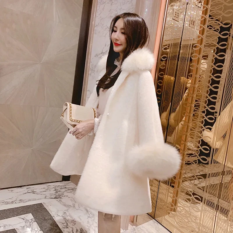 Faux Mink Velvet Coat Womens 2024 Winter New Korean Loose Casual Wool Outerwear Women Long Fur Collar Faux Fur Woolen Jacket