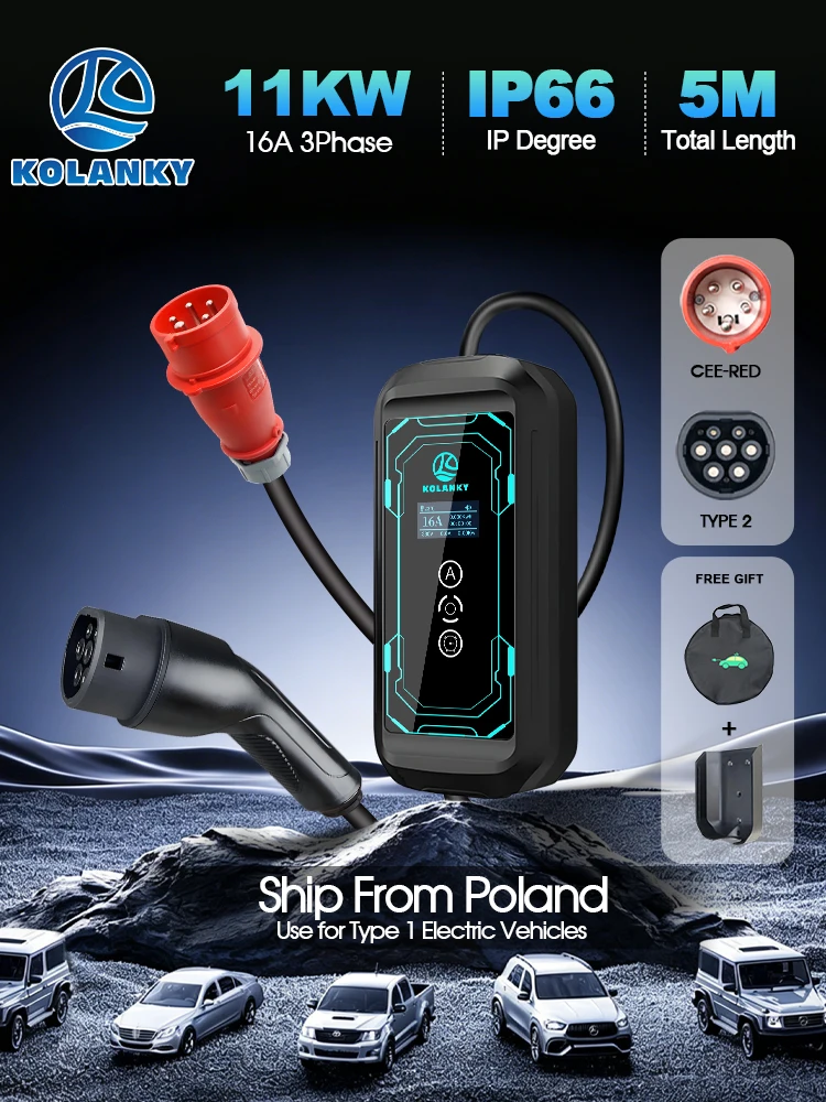 Kolanky Tragbares EV-Ladegerät 16A 11KW EU-Standard Typ 2 Stecker Einstellbarer Strom Zeitverzögerung 1-15 Minuten Elektrofahrzeug-Ladestation 5M