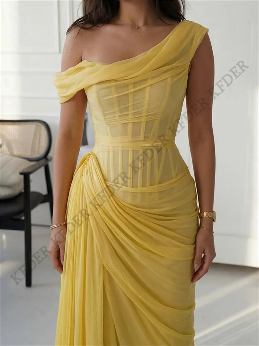 Gold Yellow Mermaid Evening Dress Off Shoulder Bobycon Prom Dress Sexy Pleats Party Gown Brithdays Dress Evening Dresses