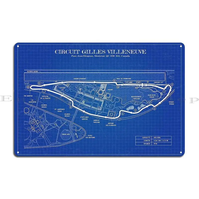 Circuit Gilles Villeneuve Blueprint Metal Plaque Poster Living Room Customize Create Garage Cinema Tin Sign Poster