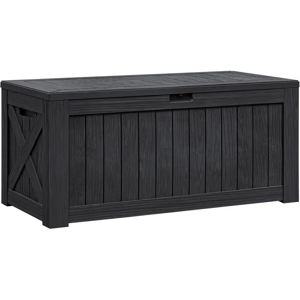 Caja de cubierta grande impermeable de 120 galones, caja de almacenamiento interior para exteriores, muebles de Patio de resina de madera de imitación, herramientas de jardín y piscina (Blac