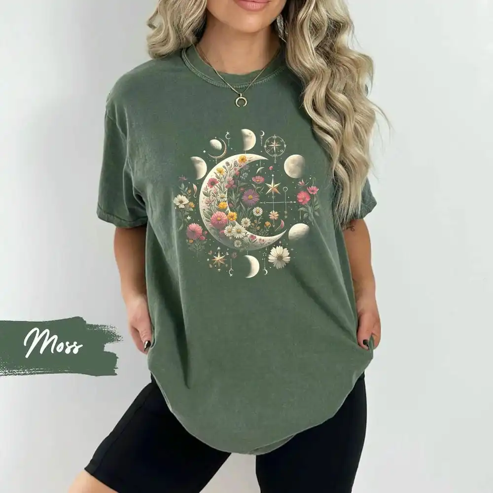 Celestial Moon Phase T-Shirt Boho Wildflowers Zodiac Top Witchcore Moon Graphic Top Mystic Lunar Floral Gift Astrology Tee