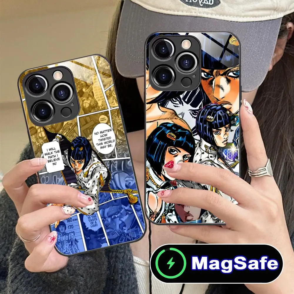 

Чехол для телефона с аниме JOJO и Бруно Буциарати для iPhone 17 16 15 14 13 12 11 Air Pro Max Plus Mini, стеклянный, цветной, с поддержкой MagSafe, красивый