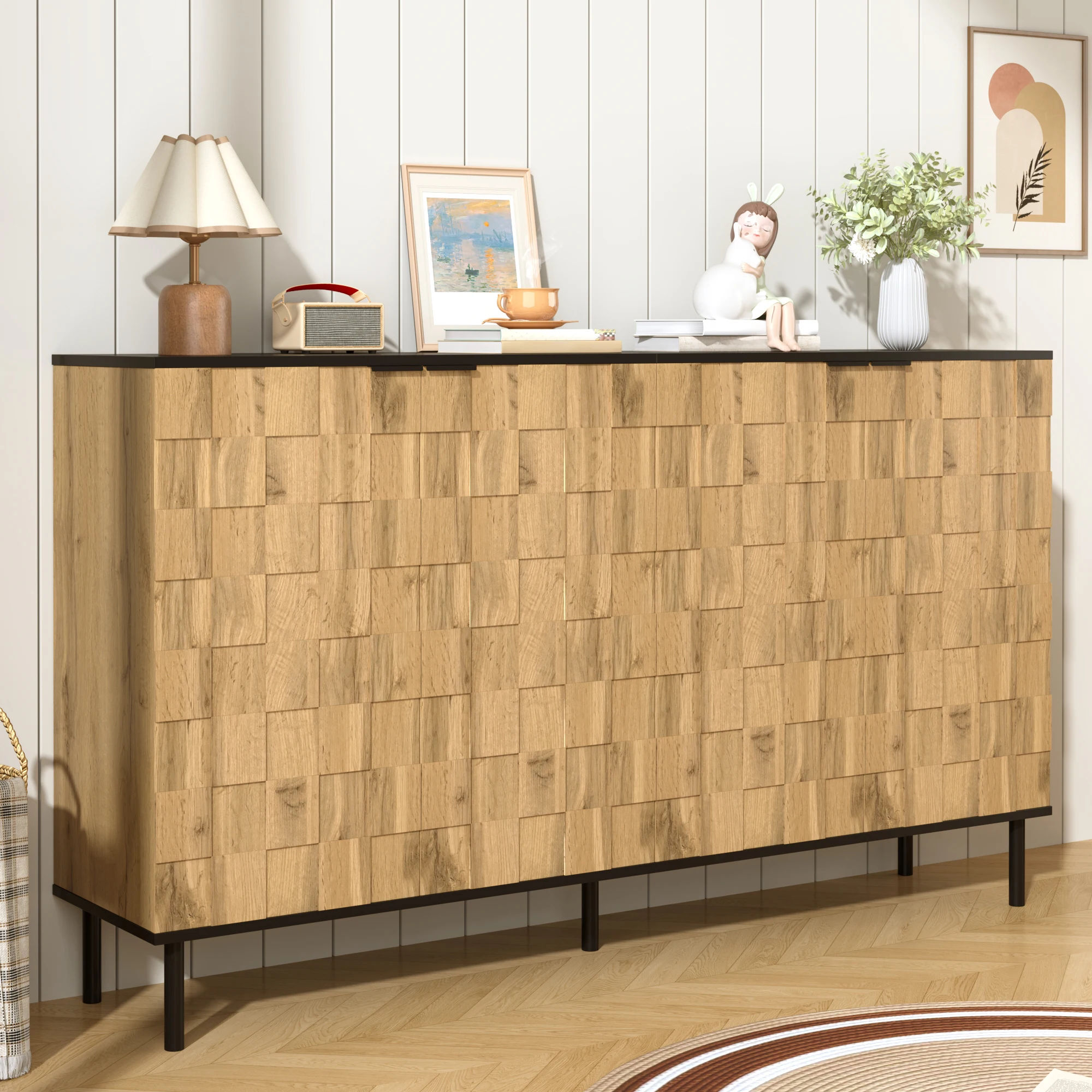 Mosaic Sideboard, 2-door wood-look cabinet with metal legs, ideal for living room and hallway.