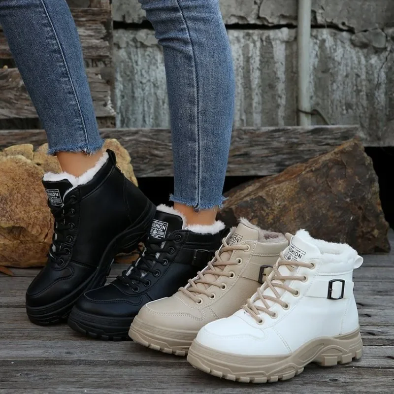 Modische Damen-Winterstiefel, warm, mit Fleece gefüttert, zum Schnüren, klobige Plateau-Stiefeletten, seitliche Schnalle, bequeme Alltags-Walkingschuhe
