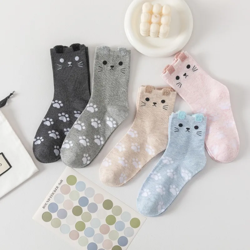 Cute Cat Face Crew Socks for Women, Kawaii Cat Paw Print Soft Cotton Socks, 3D Plush Ear Casual Cozy Ankle Socks for Daily Home