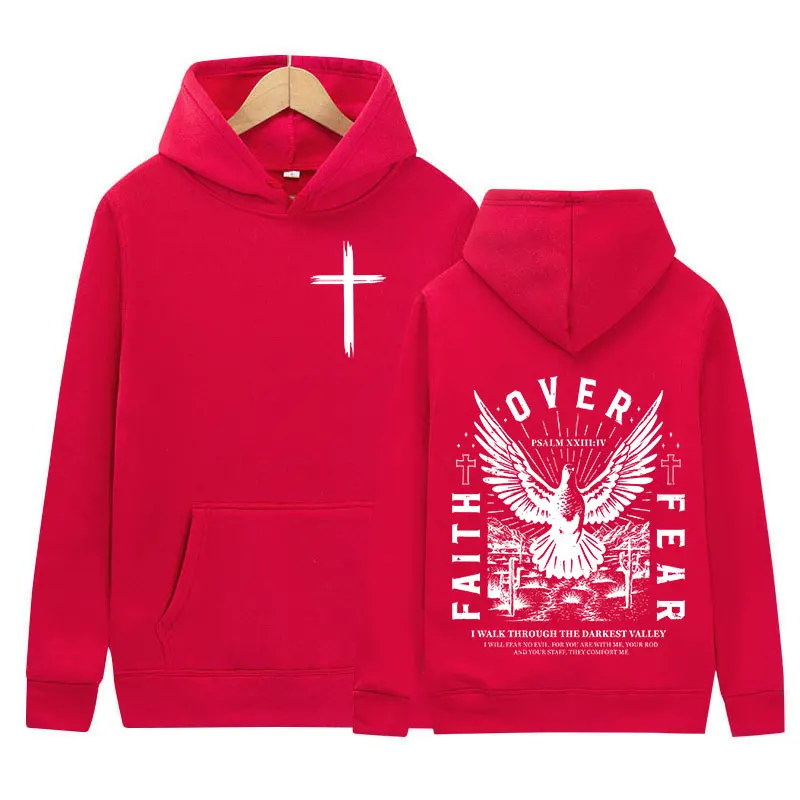 Jesus Faith Over Fear Inverse Letter Print Hoodie Christian Retro Fashion Harajuku Sweatshirt Men Women Fleece Oversized Hoodies