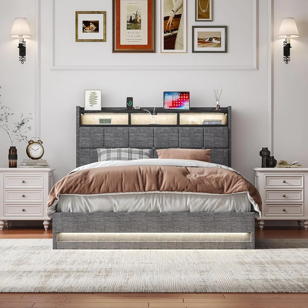 سرير تخزين رفع بالحجم الكامل من VECELO، إطار سرير بمنصة منجدة مع أضواء LED ذكية ومحطة شحن USB، بدون صندوق Spri