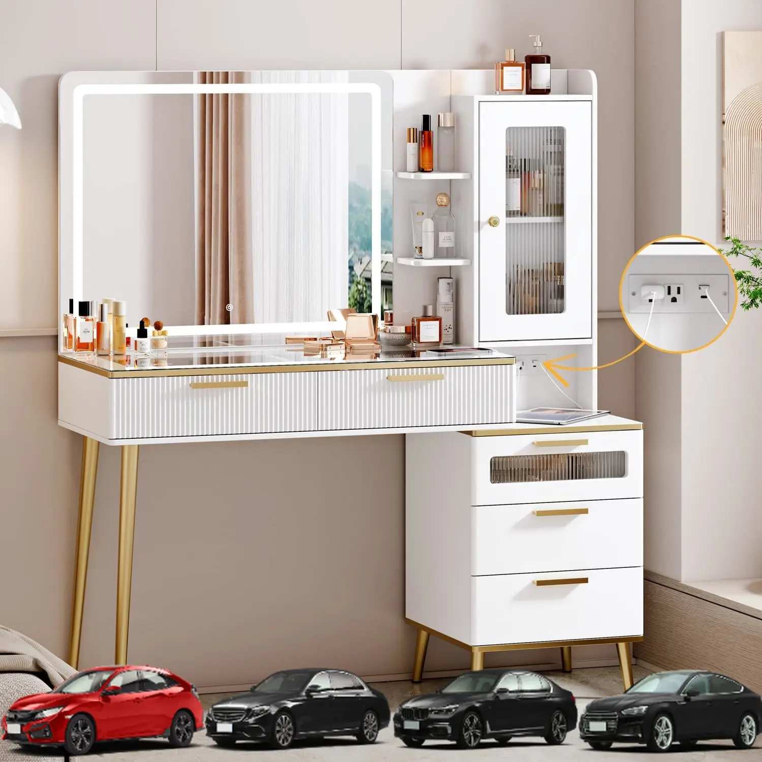 

Makeup Vanity Desk with Mirror and Lights, 48" Big Modern Vanity Desk with 5 Drawers & Shelves, Dressing Table with Charging Sta