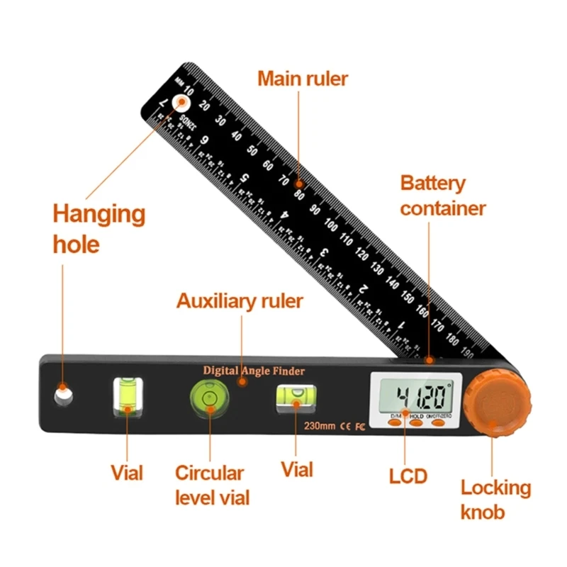 Digital Display Ruler 4-in-1 Folding-Metal Stationery Ruler General-Tool Protractor-Inclinometer for Building Decoration