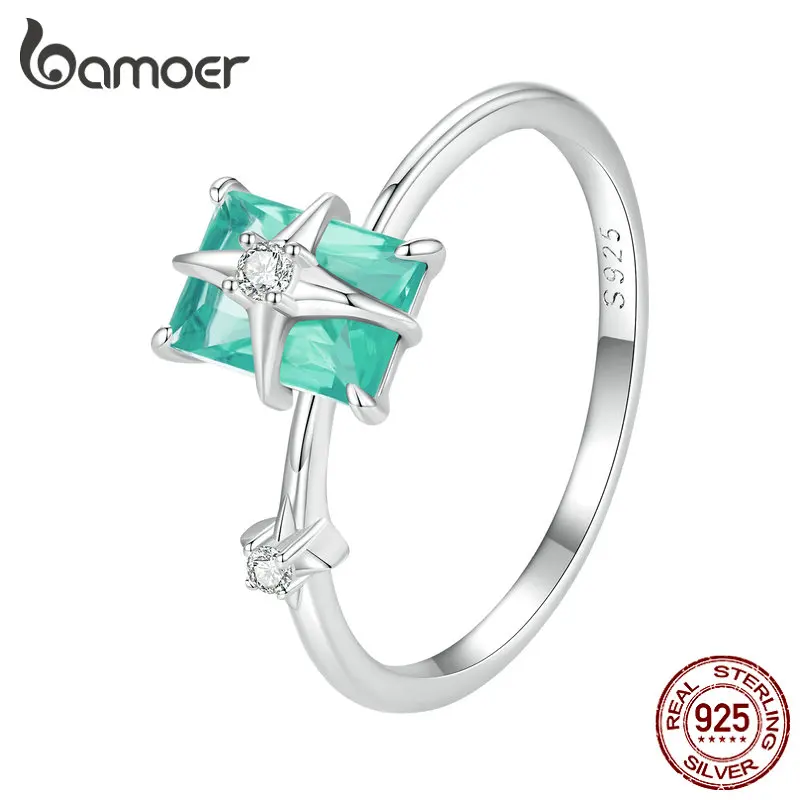 

Bamoer 925 пробы, серебряное кольцо с двойным пальцем, светильник, зеленый кристалл, открытые регулируемые кольца, звездные полосы, день рождения, ювелирное изделие