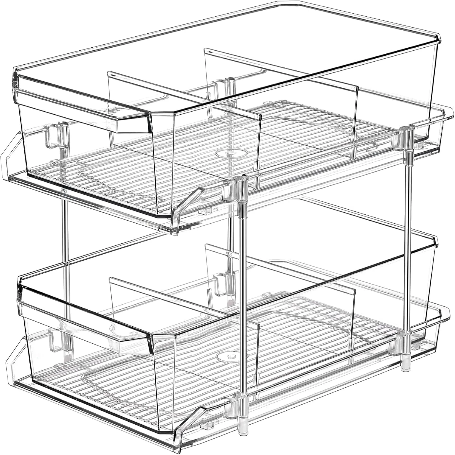 2 Tier Clear Organizer with Dividers for Cabinet / Counter, MultiUse Slide-Out  Container - Kitchen, Pantry, Medicine Cabinet  B