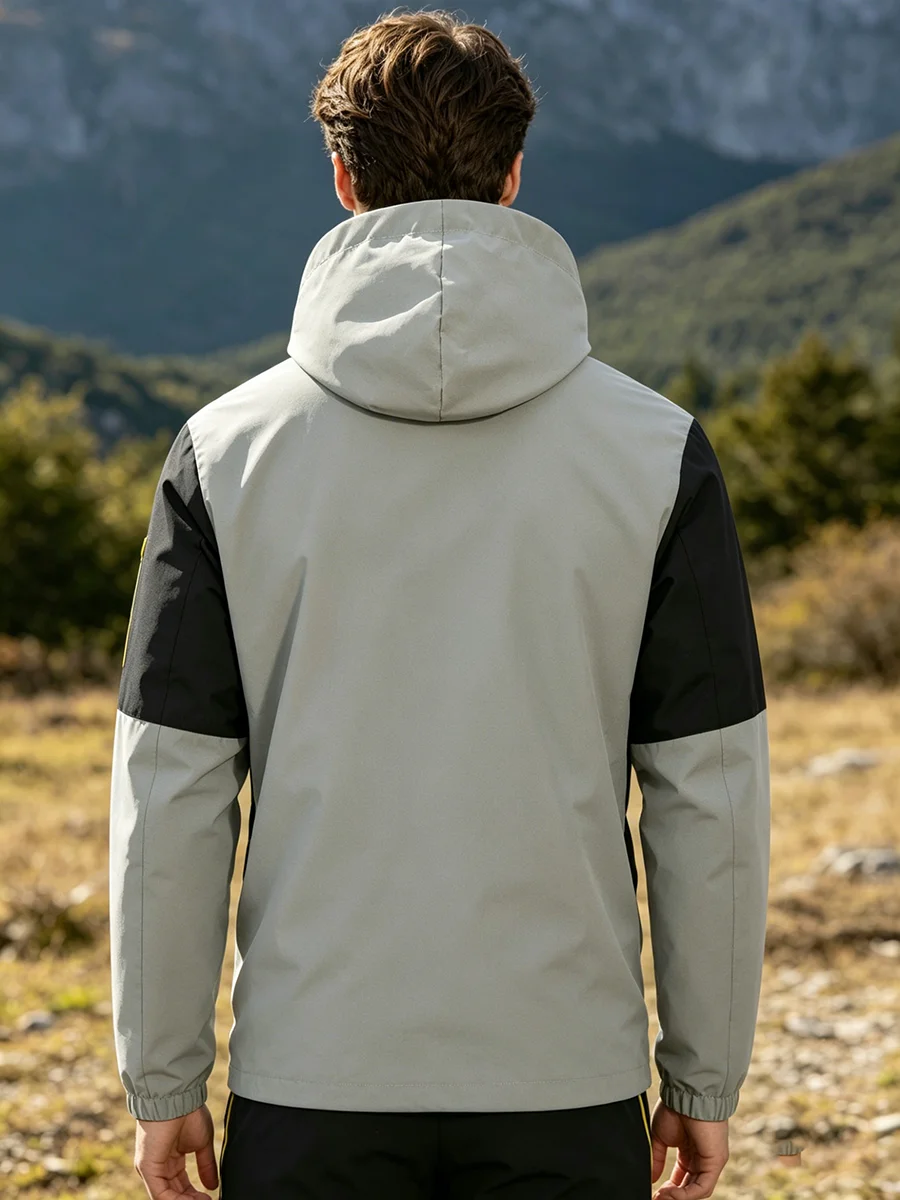 Herrenjacke mit diagonalem Streifenmuster, Reißverschluss, Kapuze, mehreren Taschen, Farbblock-Design, ideal als Windjacke für Herbstwanderungen, Camping und Sport. – Detail 4
