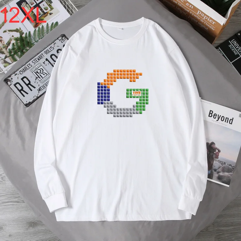 Spring Autumn Men Trendy Fatty New Cotton Printed Round Neck Cotton T-shirt with Bottom Long Sleeves Loose Plus Size 160kg 12X