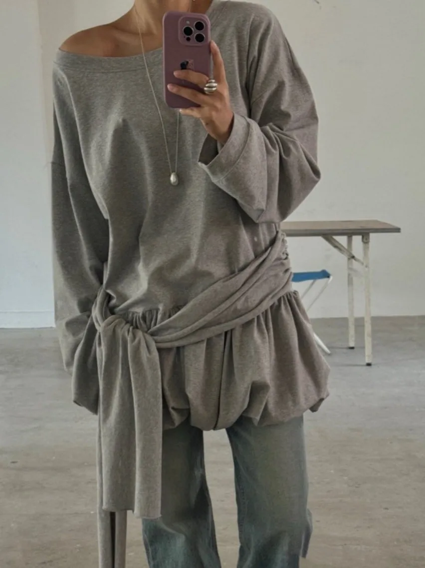 Chic Long Sleeve Women's T-shirt Waist-Cinching Versatile Korean Style Design Spring 2026 Fashion Trend Slimming Effect