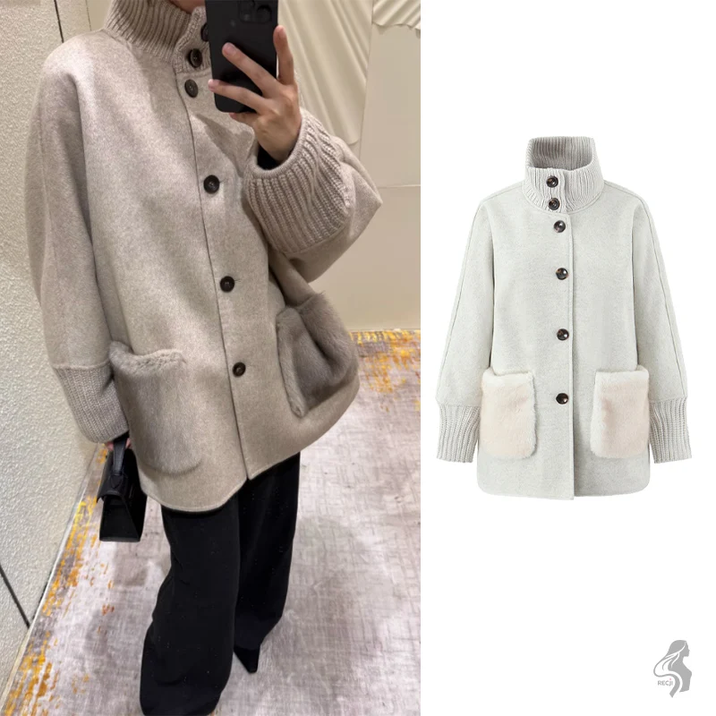 

Womens Tall Collar Mid Length Coat With Plush Pockets And Ribbed Cuffs Elegant Autumn And Winter Workwear Coat Woman Clothes