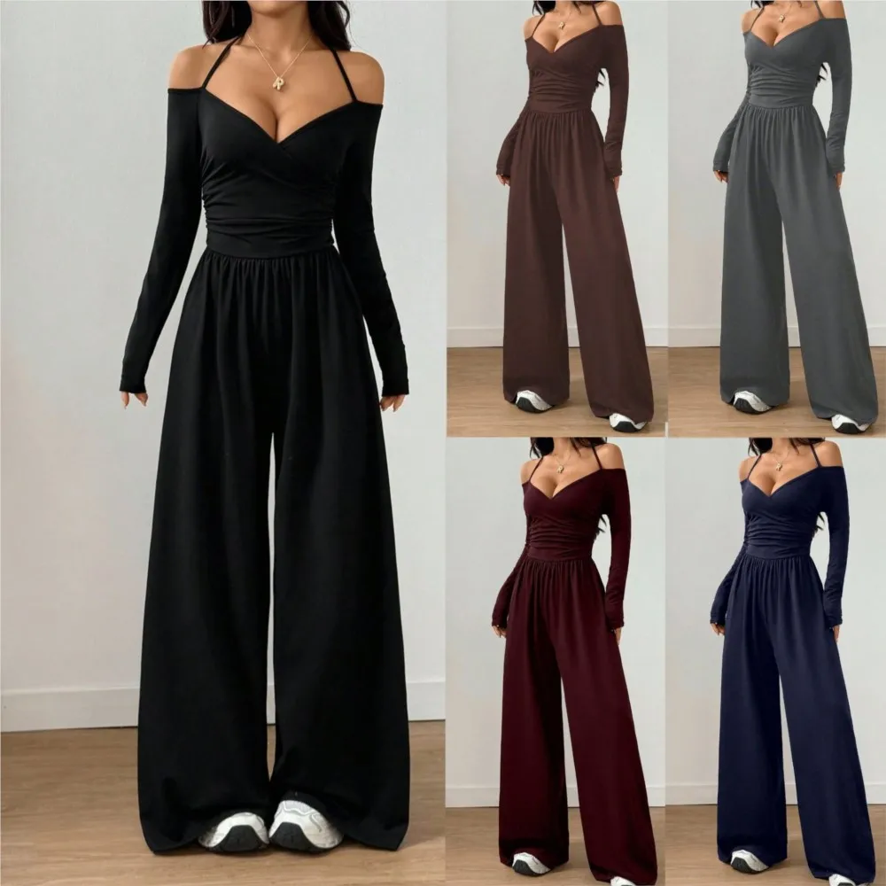 2026 Casual Jumpsuits For Woman Jumpsuit All-match Women's Clothe Simple Style Neck Halter Off Shoulder Solid Color Long Sleeves