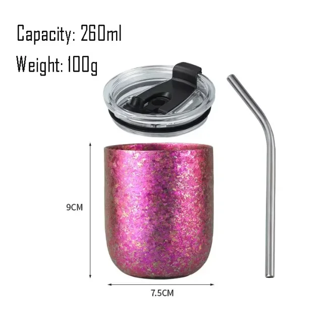 Double Layer Pure Titanium Insulated Cup 260 360ML Eggshell Crystal U-shaped Beer Mug With Lid Stainless Steel Straw Portable