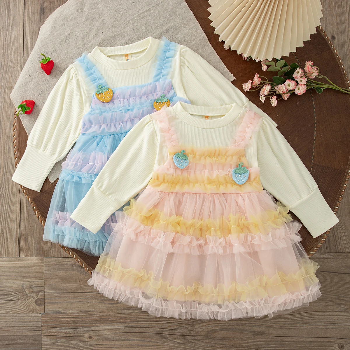 Baby Girl Dress Spring And Autumn Cotton Strawberry Mesh Long Sleeved Girls Dresses Cartoon Cute Princess Dress Girls' Clothing